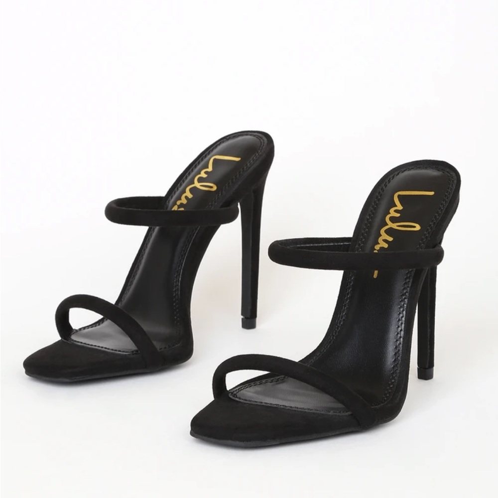 Lulu’s Theyaa Black Suede Square-Toe High Heel Sandals